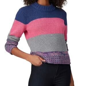 One Grey Day Women's Gigi Retro Multi Striped Cropped Sweater Large Blue Pink